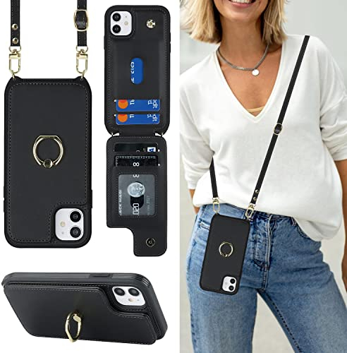 Havaya Coque iPhone 11 avec Cordon RFID Porte Carte Portefeuille Étui iPhone 11 avec Cordon Anneau Telephone Portable Réglable Collier Housse Etui pour Femmes - Noir