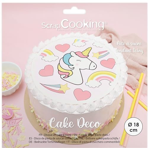 ScrapCooking - Disque de Pâte à Sucre Licorne Ø 18cm - Décoration Gâteau Comestible - Imprimé Cœur, Arc-en-Ciel, Étoiles - Déco Alimentaire - Anniversaire, Fête - Rose - 7330