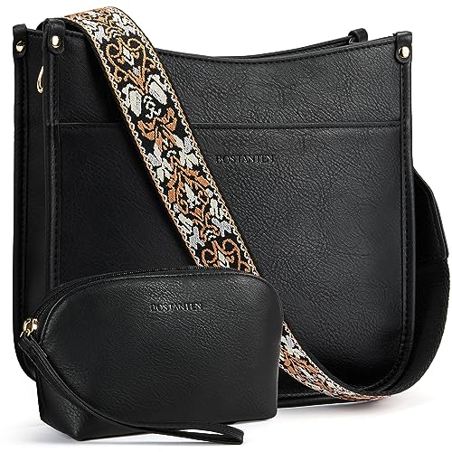 BOSTANTEN Damen Handtasche Kleine Umhängetasche PU Leder Schultertasche mit Geldbörse für Frauen Crossbody Bags mit verstellbarem Farbigem Riemen,Schwarz