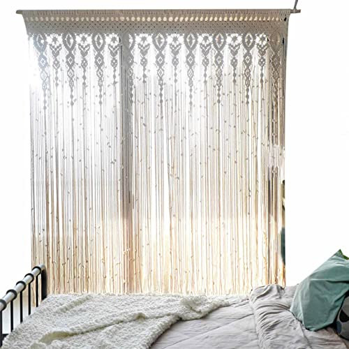 White Boho Door Curtains - Macrame Wall Hanging Boho Room Decor Curtains - Boho White Woven Room Divider Curtains | Vintage Cotton Decorative Door Curtains For Home Restaurant Bedroom