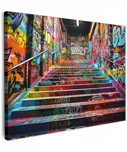 MuchoWow© Bilder 40x30 cm Wohnzimmer Deko Modern Wandbild Foto auf Leinwand Bild Schlafzimmer Room Decor Geschenke Banksy - Street Pop Art - Treppe - Graffiti - Farben - Kunst