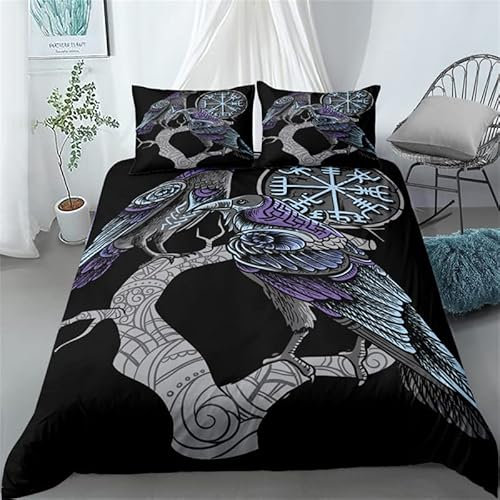 Bettbezug Set 135x200cm Odin Krähe Bettwäsche Set Wikinger Mythologie Rune Compass Kinder 3 Teilig Mikrofaser 3D Motiv Luxus Modern Bettdeckenbezug Mit Reißverschluss und 2 Kissenbezug 80x80cm