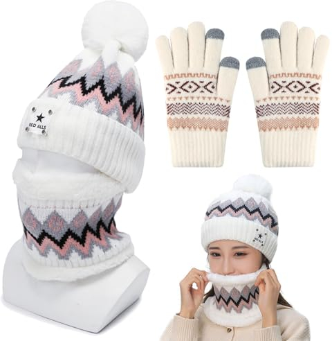 TYXHXTF Wintermütze Schal Handschuhe Sets, Loop Schal Damen, Wintermütze Damen, Schal Wärmer Mütze Damen 3 in 1 Set, Warme Beanie Mütze Winter Set, Strickmützen für Damen
