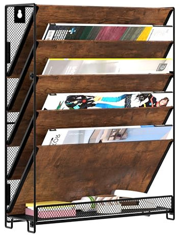 Senhoglb Porte Documents Mural en Métal à 5 Compartiments, Organisateur de Fichiers Suspendu Format A4, Range-revues Mural, Bac Mural pour Bureau et Maison, Antique Brun