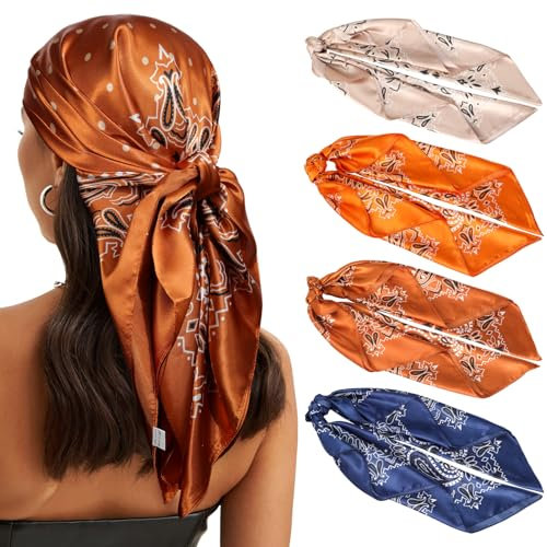 WELROG 90×90cm Große Quadratische Kopftuch Damen - 4 Stück Bandana Seidentuch Haare Haartuch Frauen zum Binden Halstuch