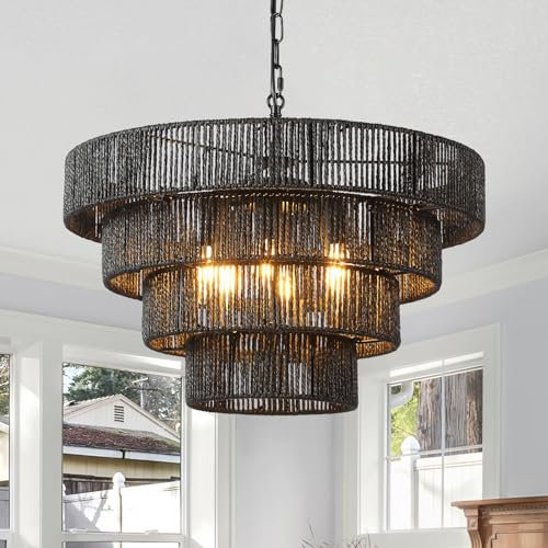 Schindora Boho Lustre Salon Vintage,Rotin Tissé À La Main Suspension RéTro 50Cm 6-Lights Lampe 4 Round Transitional Rustic Grand Suspension Bois Pour Cuisine Chambre Salon Couloir,Noir