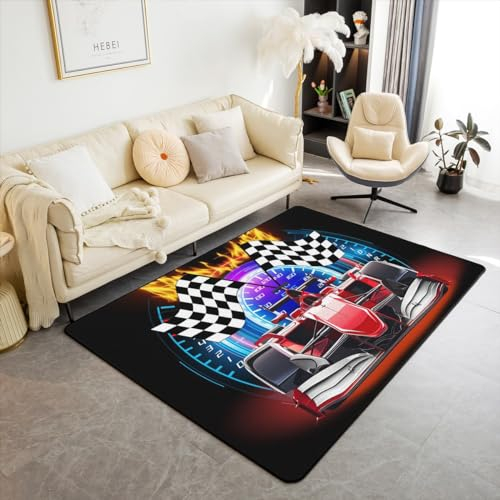 Rennen Auto Dekorative Teppich 100Bx150L Sport Auto Druck Bereich Teppich für Teens Jungen, Extreme Sport Thema Teppich Schwarz Weiß Kariert Anti Rutsch Teppich Racing Auto Dekorative Teppich