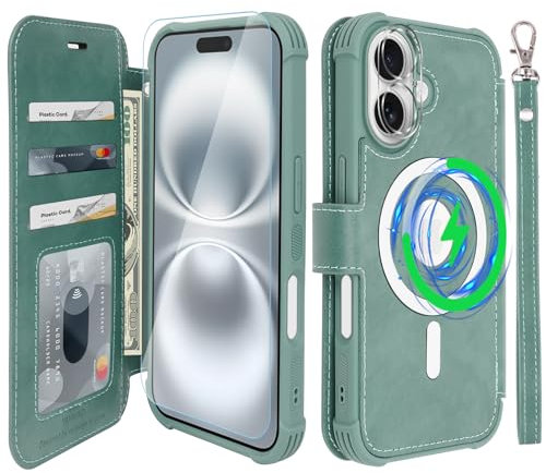 VANAVAGY Compatible for iPhone 16 Plus Wallet Case for Magsafe Wireless Charging,Leather Flip[Glass Screen Protectors and Camera Lens Protectors]with RFID Block Card Holder,Forest Green