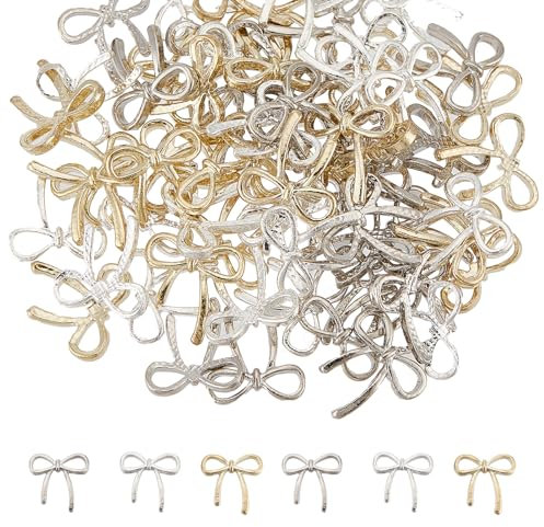 NICENEEDED 90pcs Metal Bow Nail Charms, Silver Gold Nail Art Charms 3D Alloy Bowknots Butterfly Charms, Bow Tie Nail Jewelry Nail Accessories for Manicure Design DIY