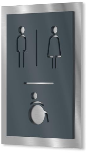 Urhome WC Mann Frau Barrierefrei Schild aus V2A Edelstahl 160x110-250x175mm Anthrazit Ral 7016 Rollstuhl - Piktogramm Toiletten Schild rostfrei - Infoschild für Wand Tür Innen und Außen