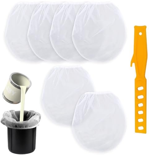 6pcs Paint Filter Bag 1 Gallon, White Emulsion Paint Bucket Strainer with Plastic Putty Knife Paint & Liquid Fine Mesh Filter Bag Bucket Strainer for Paint Gardening