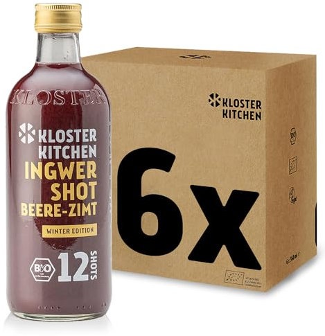 Kloster Kitchen Bio Ingwer Shot Beere Zimt 12SHOTS 6x 360 ml mit Ingwerstückchen I Ingwershot vegan Glasflasche süß-scharf ohne Zusatzstoffe & mit natürlicher Süße (inkl. 1,50€ EINWEG Pfand)