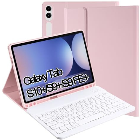 Jeloyutek für Samsung Galaxy Tab S10+ 2024 & S9 FE+/S9+ 12,4 2023 Tastatur Hülle, QWERTZ Layout Magnetisch Abnehmbarer Tastatur mit Hülle für Galaxy Tab S10 Plus/S9 FE Plus/S9 Plus 12,4, Rosa