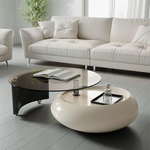 Mesa de centro redonda giratoria moderna de cristal, mesa de centro única con ruedas universales con bloqueo, mesa de café color crema, adecuada para sala de estar