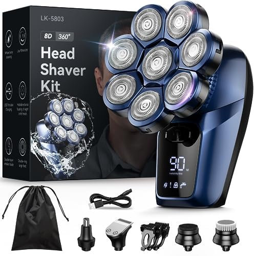 Glatzen Rasierer Herren elektrisch, Bazivve 7 in 1 Kopfrasierer für Glatze 0,0mm mit 8 Rotierende Scherköpfe, IPX7 Wasserdichter LCD Anzeige Bart Nass & Trocken Rasierer Pflege Kit (Blau)