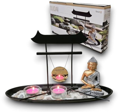 Portavelas Buda con Gong - Centro de Mesa Decorativo para Salón y Hogar - Bandeja Porta Velas Estilo Zen - Buda Decorativo - Figura budas Originales Salon