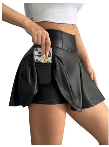 GORGLITTER Damen Skort A Linie Rock Elastischer Bund Minirock PU Leder Clubröcke Kurze Röcke mit Rüschensaum Schwarz M