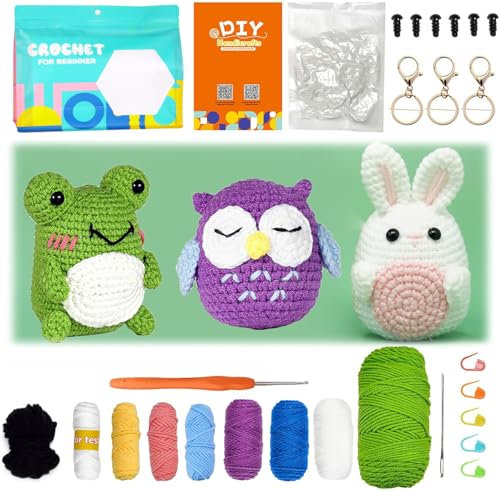 Tezkim Häkelset für Anfänger, Kinder, Häkeln lernen, für Anfänger, mit Schritt-für-Schritt-Video-Tutorials, einfaches Amigurumi-Häkeltier-Set, Strickset für Erwachsene (Eulen, Frosch, Kaninchen)