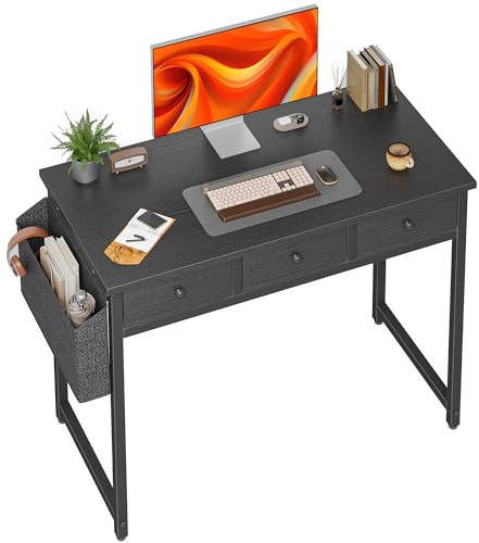 BEXEVUE Small Desk with Drawers, 100cm Comuputer Desk with Fabric Storage Drawers, Home Office Writing Desk for Small Spaces, Black
