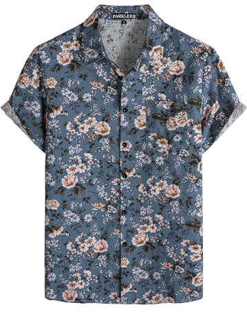 PARKLEES Men's Casual Linen Hawaiian Shirt Short Sleeve Button Down Shirts 70s Hippie Beach Vacation Tops Deep Blue Large