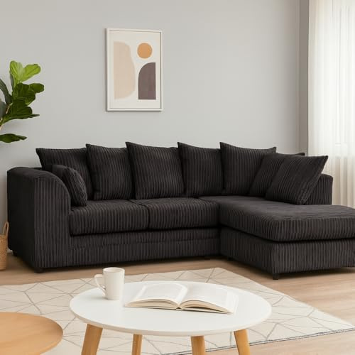 SQUAREBOXX Lennox Corner Sofa Set, Reversible Left/Right Hand Facing, Multiple Colours Available (Black, Right Hand Facing)