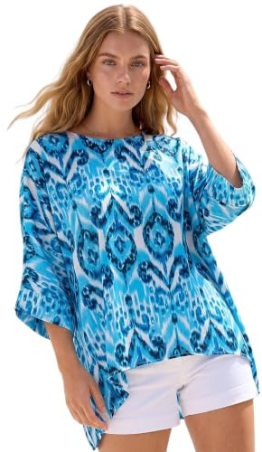Roman Overlay Top for Women UK - Ladies Summer Blouse Spring Everyday Holiday Autumn Work Winter Round Neckline Comfy Pull-On Soft Vacation 3/4 Length Sleeves - Ikat Blue - Size 18