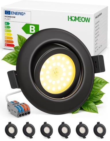 HOMEOW LED Einbaustrahler 230V Metallgehäuse Warmweiß IP44 Schwarz 6er Set | LED Spots Lochmaß 68 - 80mm Deckenspots Ultra Flach für Badezimmer Dusche Kueche Schwenkbar 3000K 4.7W 760LM Nicht Dimmbar