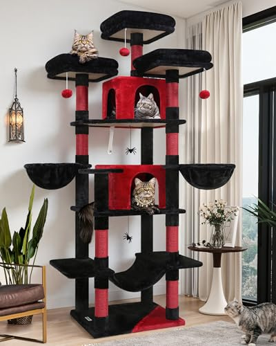 Globlazer Cat Tree Black Red XXL for 3-5 Cats, Large Cat Tower Gothic 204 cm with 3 Top Perches, 2 Caves, Hammock, 2 Hanging Basket, 9 Scratching Posts, Sturdy Cat Tree for Indoor Cats (F80, Gothic)