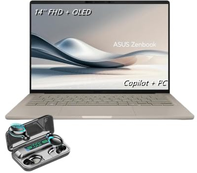 ASUS Zenbook A14 Ultrathin Ordinateur portable, 14'' FHD + OLED (1920 x 1200), Copilot + PC, Snapdragon X Plus, 8 cœurs, 16 Go de RAM DDR5, 512 Go SSD, Zabriskie Beige, TWE écouteurs sans fil