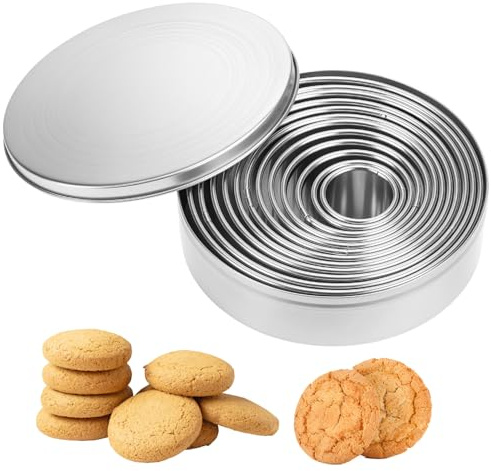 QWORK® 12 Piece Plain Round Cookie/Pastry Cutter Set - 304 Stainless Steel -Ø3-12CM with Storage Tin