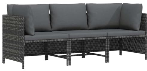 LoogCape 3-Sitzer-Gartensofa, Grau Poly Rattan mit Kissen, Outdoor Patio Möbel Set, Robustes Loungesofa für Garten und Terrasse