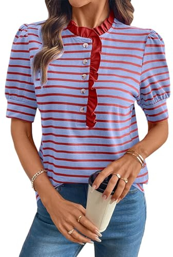 BLENCOT Womens Summer Tops Casual Puff Short Sleeve Button Down Ruffle Neck T Shirts Striped Color Block Blouse Purple L