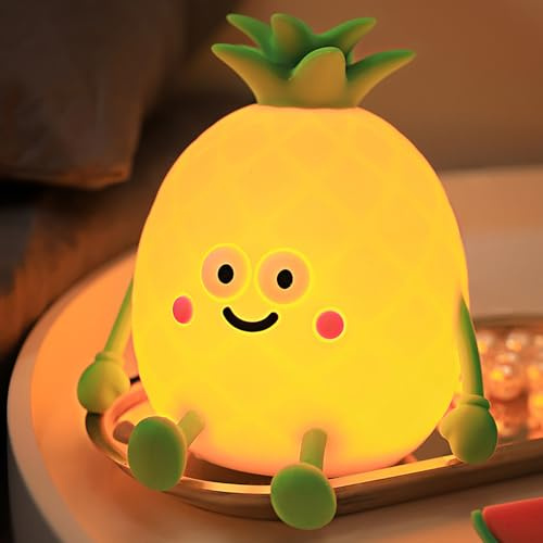 SUAVER Nachtlicht Kinder Wiederaufladbare Ananas Silikon Nachttischlampe 7 Farben und 3 Helligkeit Tischlampe LED Schlaflichter,Schreibtisch Dekoration Beleuchtung Schlummerleuchten,Kinderzimmer Deko