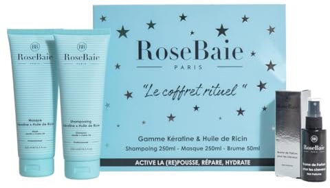 ROSEBAIE | Coffret Rituel Ricin et Kératine | Pousse et Hydratation | Shampoing 250ml | Masque 250ml | Brume parfumée capillaire 50ml