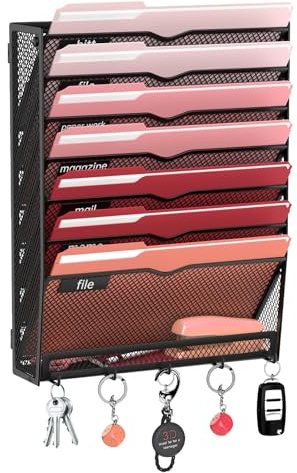 RITOLLO 8 Tier Wall File Organizer - Hanging File Organizer with 5 Hooks, Mail Holder Wall Mounted for Papers, Folders, Magazines, Bills, Office&School Organization (8 Tier)