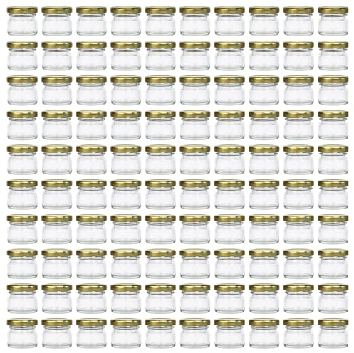 Vitrea 100x Mini Marmeladengläser 30 ml - mit Deckel Gold TO 43 - kleine Einmachgläser zum befüllen mit Schraubdeckel - Schraubgläser - leere Gläser für Marmelade - 100 Stück