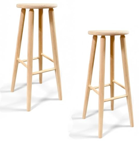 Taburete de Madera, banqueta de Madera Natural sin Tratar 70x30cm con reposapiés, Asiento para Todo Uso, hogar, Cocina, salón, Jardin, decoración. (2X Redondo - 70x30cm)