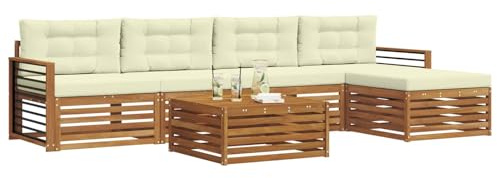 vidaXL Outdoor-Sofagarnitur mit Kissen 6 pcs Natur und Creme, Outdoor Sofa, modernes Gartenmöbel für Terrasse, gemütliches Sitzset, robust und stilvoll