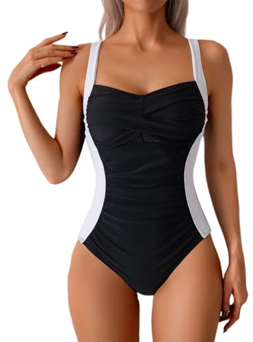 Costume da bagno da donna di grandi dimensioni, costume da bagno intero con coppa sexy push up grande busto costume da bagno estivo con scollo a V, O nero., M