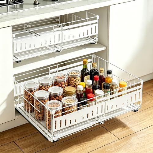 2 Stück Ausziehbare Schublade Küche, Teleskopschublade Inklusive Schubladenmatte, Einstellbarer Breite 33-51 cm, Küchenschrank Organizer ohne Bohren für Küche, Bad, Zimmern und Abstellräumen, (Weiß)
