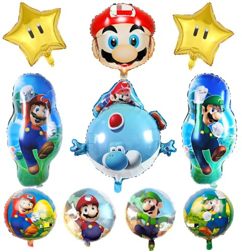 10 Stück Super Bro Geburtstagsdeko Folienballon Set, Cute Kindergeburtstag Deko, Cartoon Luftballons Geburtstag Dekoration Set für Kinder Jungen Mädchen
