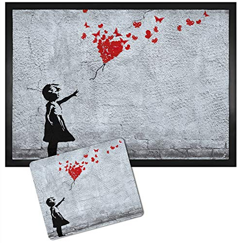 1art1 102664 Mädchen - Mädchen Mit Luftballon Und Schmetterlingen, Banksy-Style Fußmatte Türmatte (50 x 70 cm)