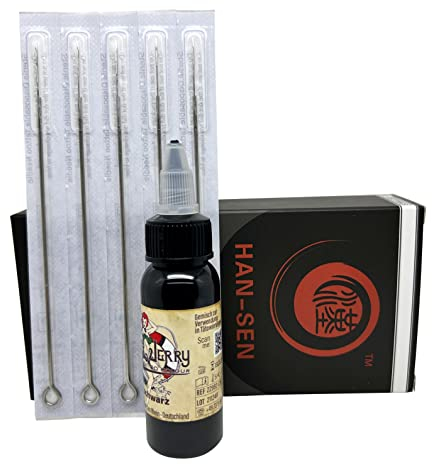 1 x REACH-konforme deutsche Tattoofarbe Schwarz 30 ml von Sailor Jerry plus 5 Stück Tattoonadeln 5er Rund Liner (round liner) von HAN-SEN, Starter Kit für Stick and Poke. Tattootinte