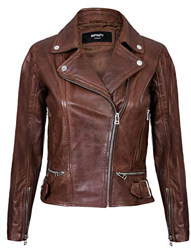Infinity Leather Giacca in Pelle da Donna Marrone in Vera Motociclista Classico 2XL
