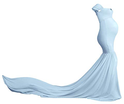 IMEKIS Damen Mutterschafts Kleid Ärmellos Off Shoulder Schwangerschaftskleid Fotoshooting Partykleid Lang Schwangere Ballkleid Festlich Schleppkleid Babydusche Fotografie Requisiten Hellblau