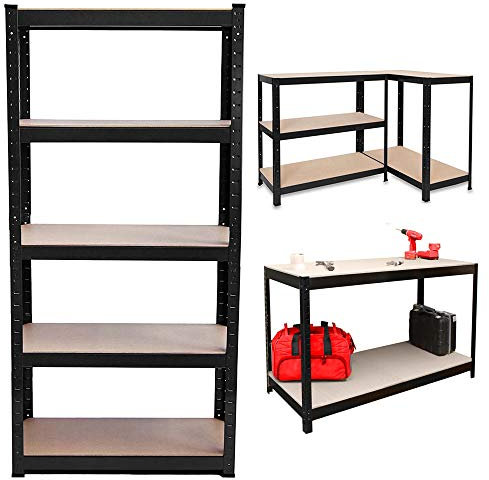 Shelving Unit for Garage Shed Storage, 5 Tier Shelf Unit, Boltless Racking, Free Standing Work Bench, Heavy Duty Metal and MDF Shelves, 875kg Capacity, H 180 x W 90 x D 40 Cm - Black