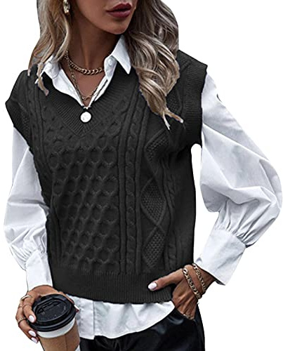 PAIDAXING Damen Weste V-Ausschnitt Strickweste Damenweste Strick Pullunder Pullover Mantel Casual Atmungsaktiv Ärmellos Jacke Übergangs Sweater Grobstrick Top