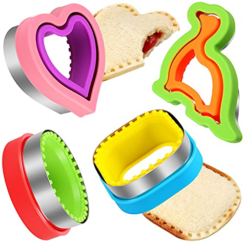 HINZER Juego de cortador y sellador de sándwiches, 4 piezas para descongelar pan, panqueques, corazón, cuadrado, círculo, forma de dinosaurio, cortadores de galletas, regalo para niños, adultos, niños