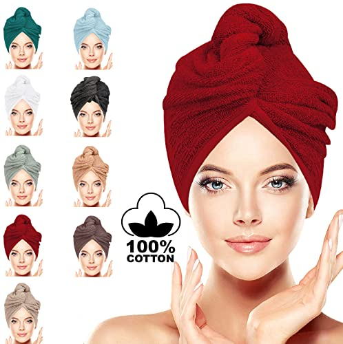 LUXURY Hair Towel Wrap 100% Cotton, Instant Drying Lightweight Turban Cap Super Quick Absorbent Anti-Frizz Twist Toweling Dry Hat with Button Loop for Long Curly Hairs, 62CM x 23CM Red Single