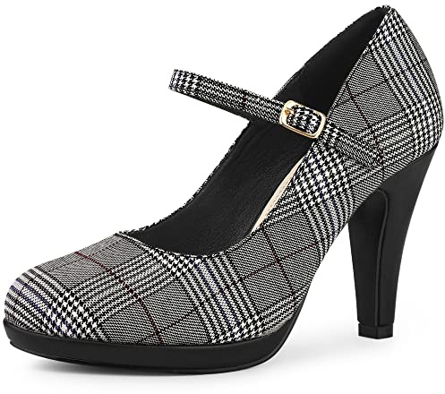 Allegra K Women's Houndstooth Platform Stiletto Heels Mary Janes Pumps | Houndstooth Heel, Block Heel (3.8 Inches), Ankle Strap, Formal Women Dress Shoes, Prom, Back to School